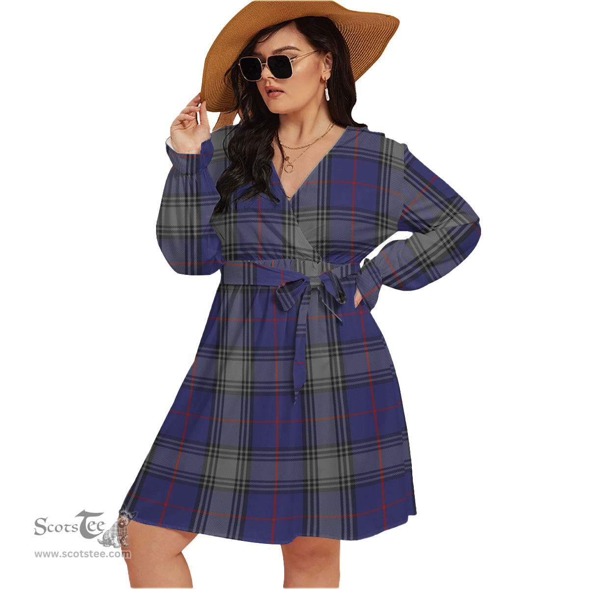 Scottish Kinnaird Clan Tartan Womens V-neck Dress With Waistband Tartan Dress Plus Size