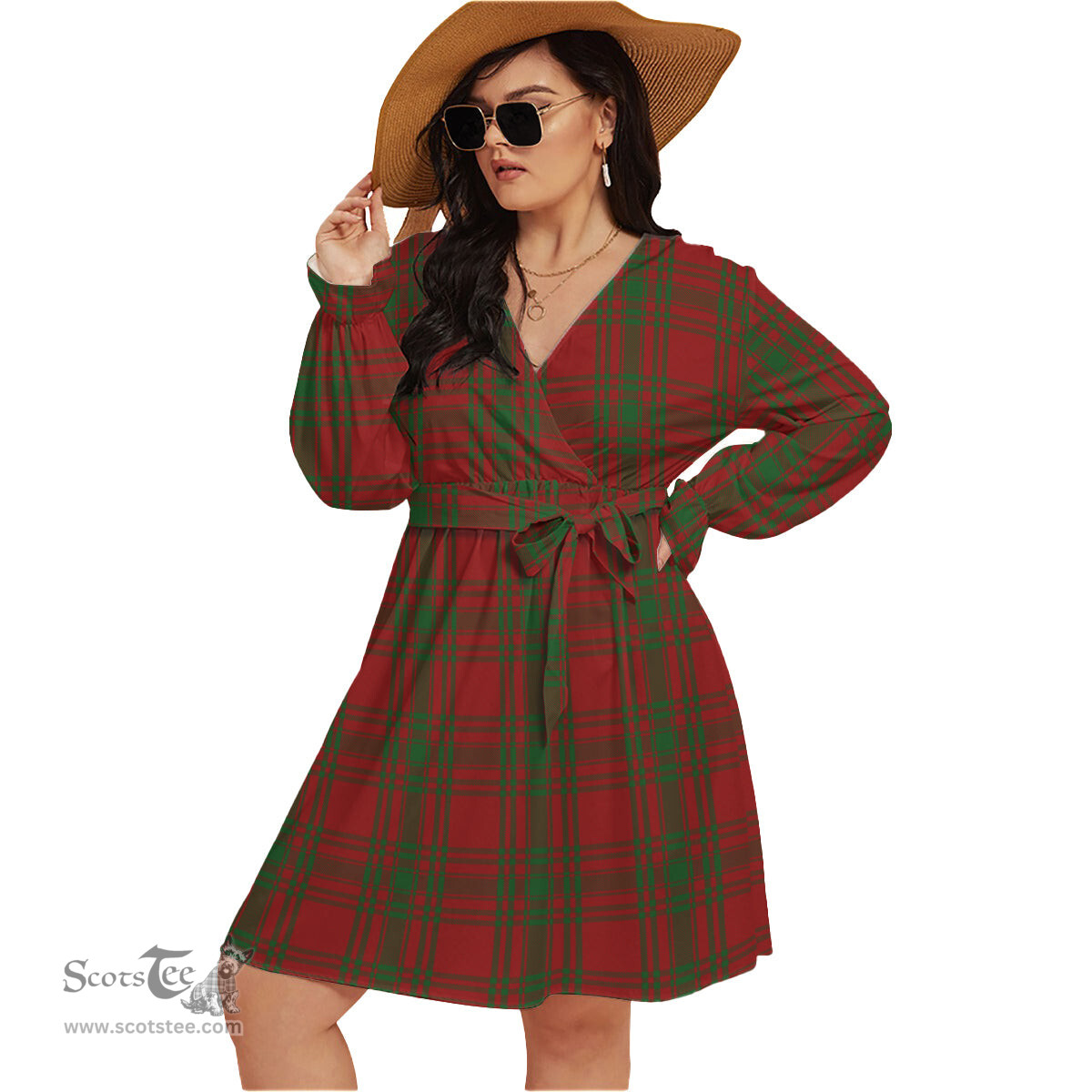Scottish Kyle Green Clan Tartan Womens V-neck Dress With Waistband Tartan Dress Plus Size