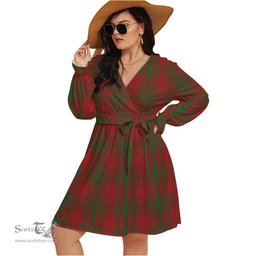 Scottish Kyle Green Clan Tartan Womens V-neck Dress With Waistband Tartan Dress Plus Size