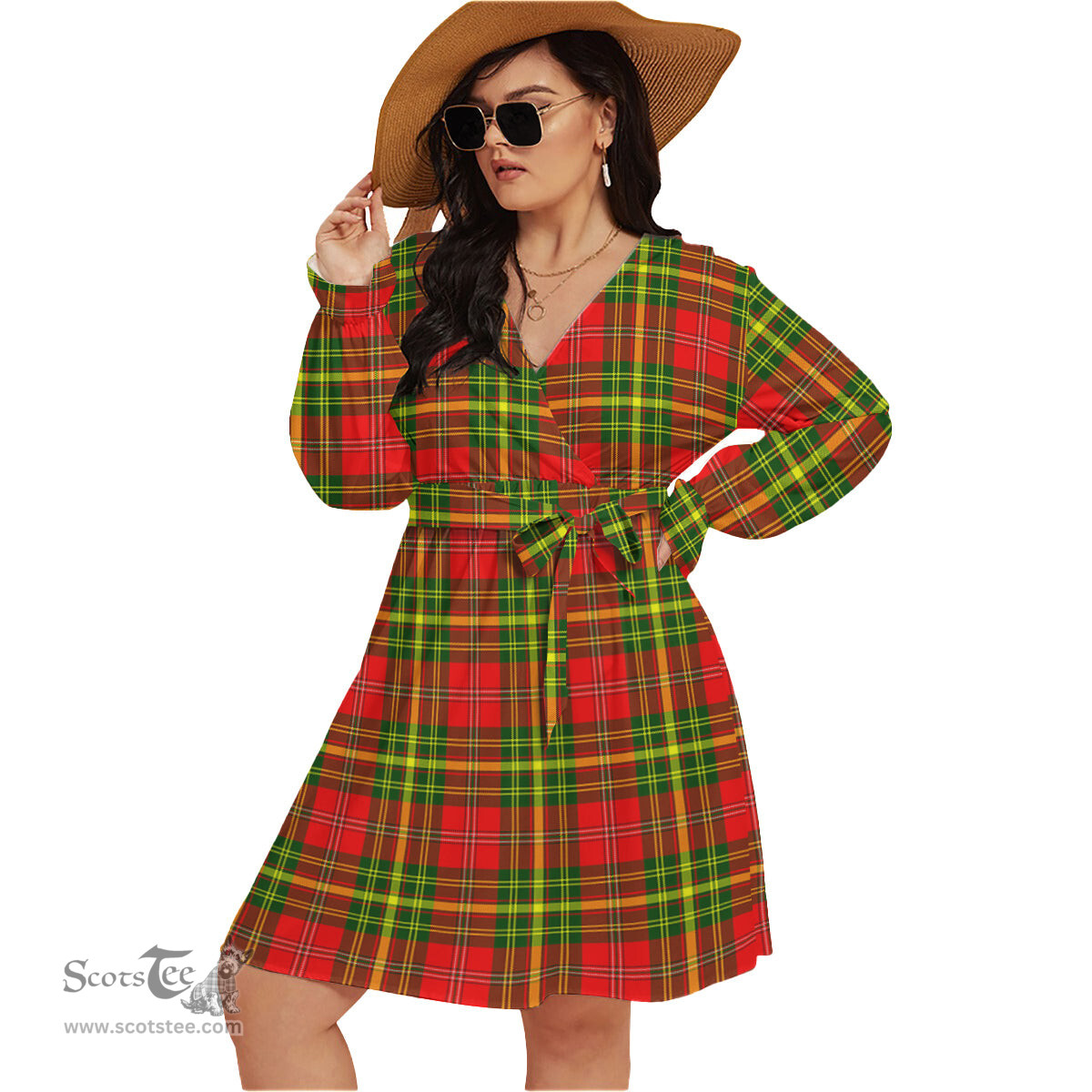 Scottish Leask Modern Clan Tartan Womens V-neck Dress With Waistband Tartan Dress Plus Size