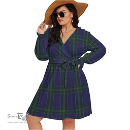 Scottish Lewis of Wales Clan Tartan Womens V-neck Dress With Waistband Tartan Dress Plus Size