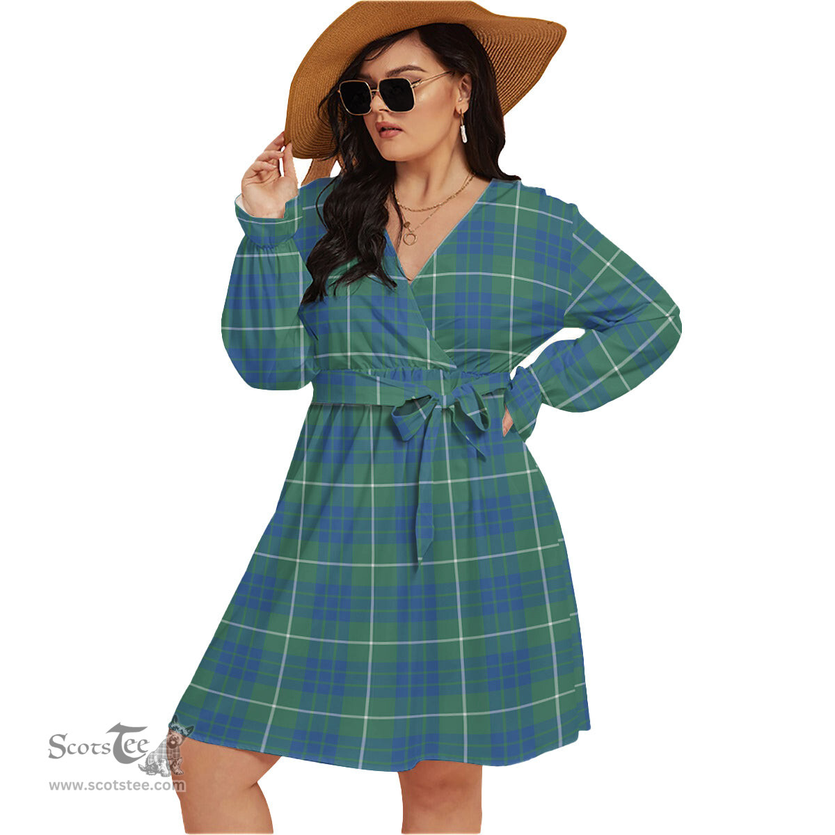 Scottish Hamilton Hunting Ancient Clan Tartan Womens V-neck Dress With Waistband Tartan Dress Plus Size
