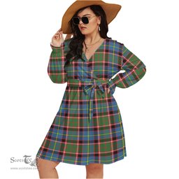 Scottish Glass Clan Tartan Womens V-neck Dress With Waistband Tartan Dress Plus Size