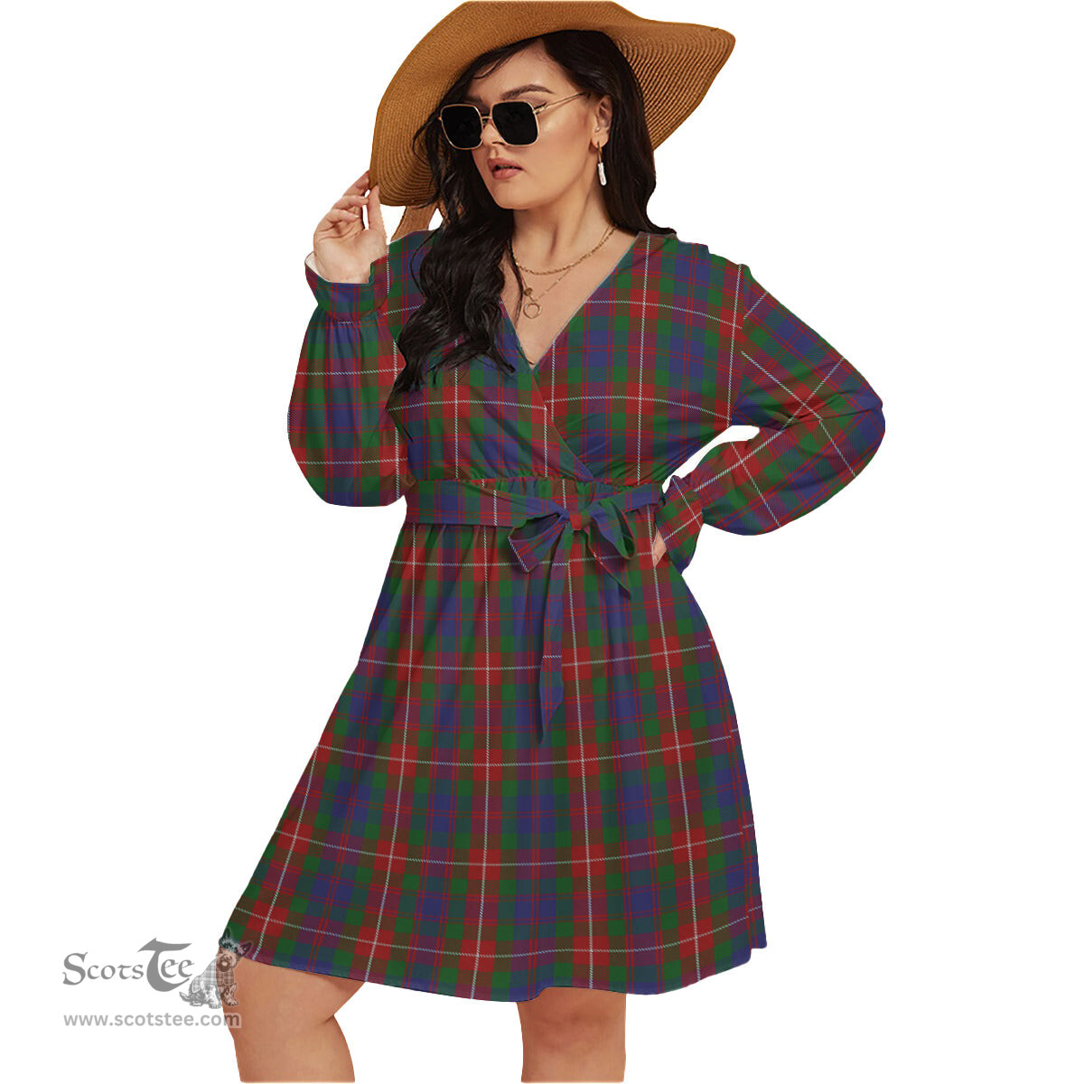 Scottish Fraser of Lovat Clan Tartan Womens V-neck Dress With Waistband Tartan Dress Plus Size