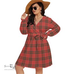 Scottish Grant Weathered Clan Tartan Womens V-neck Dress With Waistband Tartan Dress Plus Size