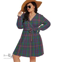 Scottish Hyndman Clan Tartan Womens V-neck Dress With Waistband Tartan Dress Plus Size