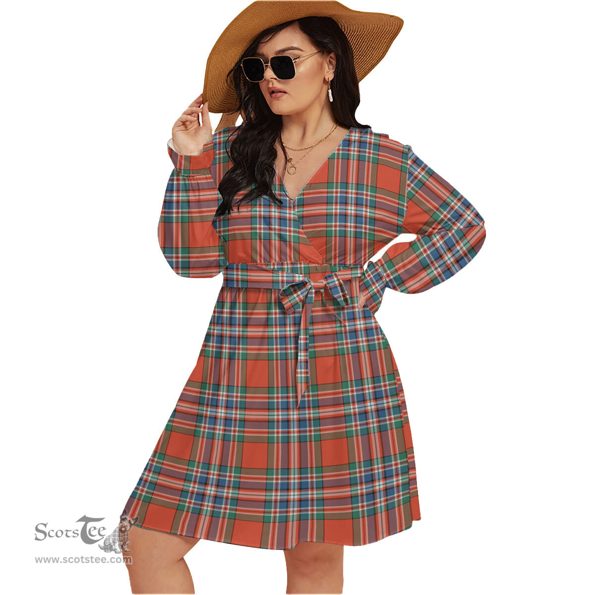 Scottish MacFarlane Ancient Clan Tartan Womens V-neck Dress With Waistband Tartan Dress Plus Size