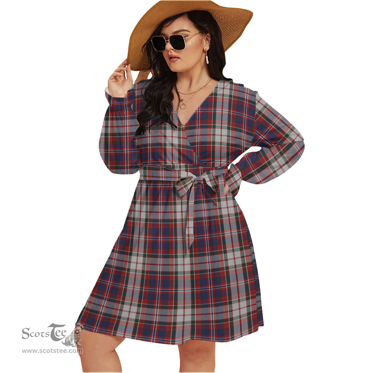 Scottish MacFarlane Dress Clan Tartan Womens V-neck Dress With Waistband Tartan Dress Plus Size
