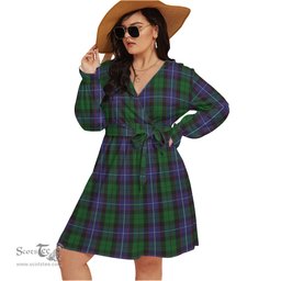Scottish Galbraith Clan Tartan Womens V-neck Dress With Waistband Tartan Dress Plus Size