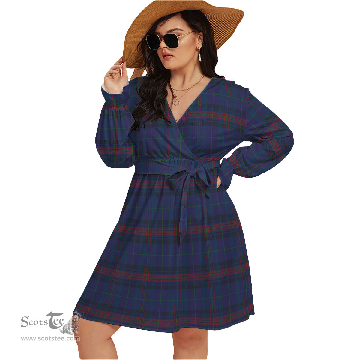 Scottish Hughes of Wales Clan Tartan Womens V-neck Dress With Waistband Tartan Dress Plus Size