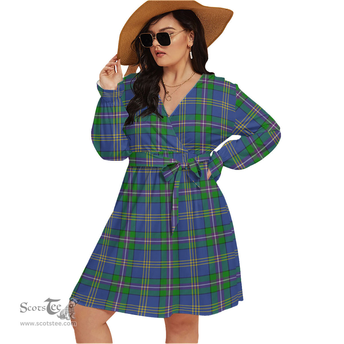 Scottish Lambert Clan Tartan Womens V-neck Dress With Waistband Tartan Dress Plus Size