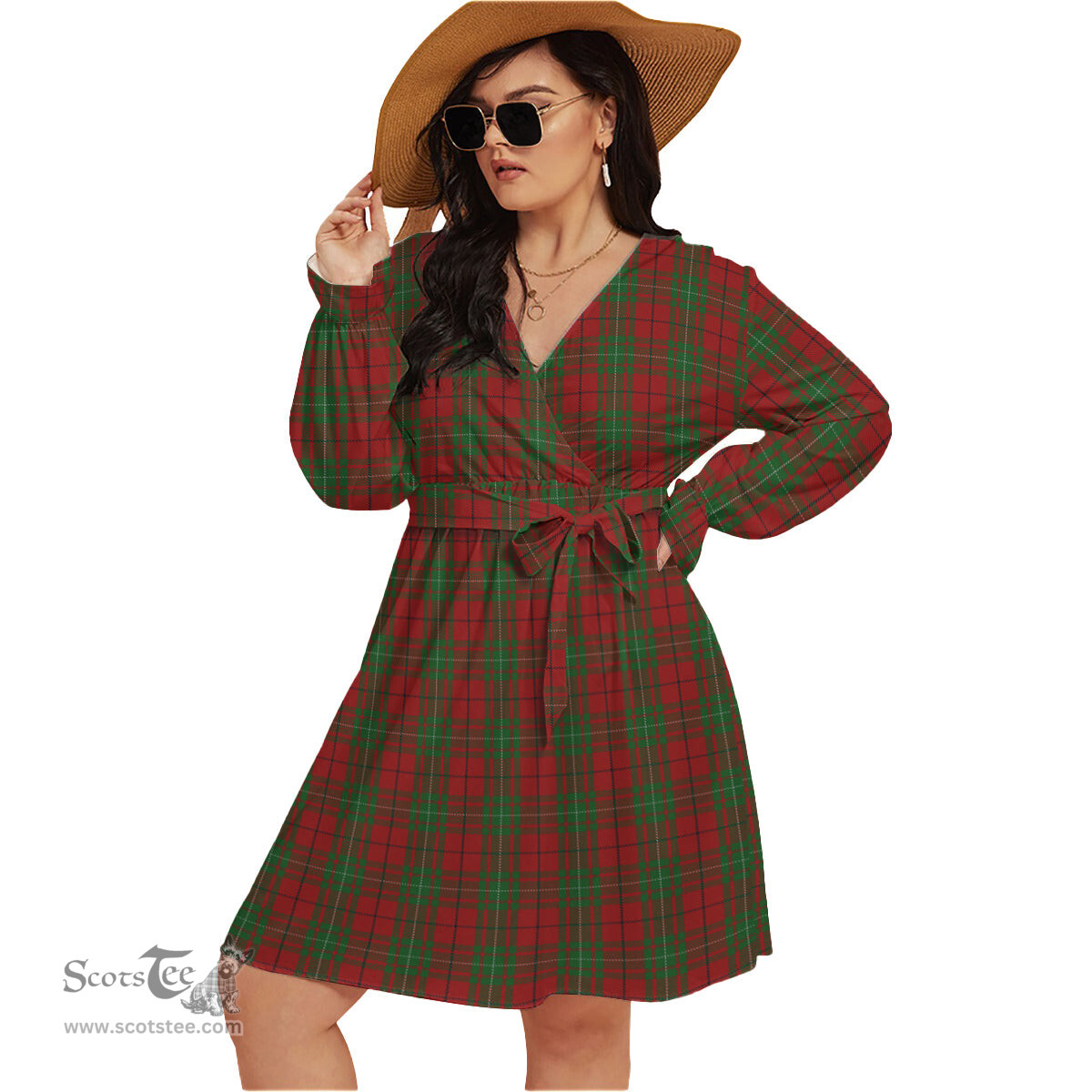 Scottish MacAulay Clan Tartan Womens V-neck Dress With Waistband Tartan Dress Plus Size