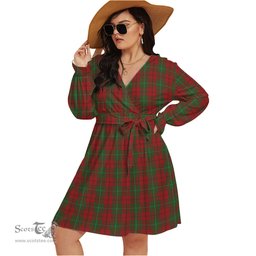 Scottish MacAulay Clan Tartan Womens V-neck Dress With Waistband Tartan Dress Plus Size