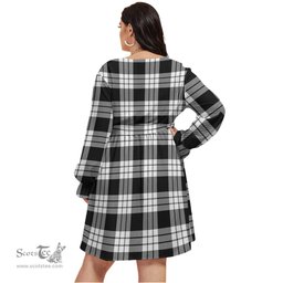 Scottish MacFarlane Black White Clan Tartan Womens V-neck Dress With Waistband Tartan Dress Plus Size