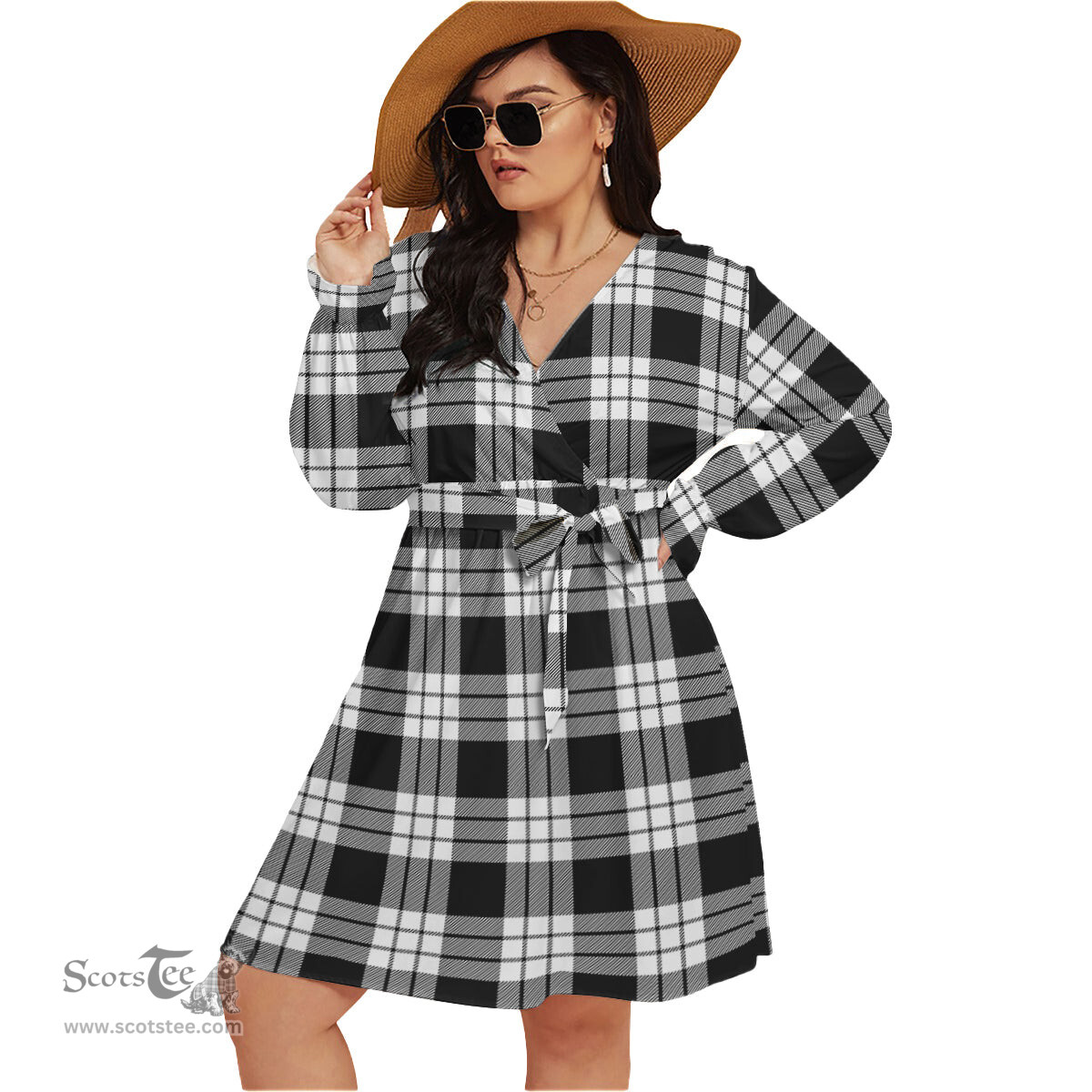 Scottish MacFarlane Black White Clan Tartan Womens V-neck Dress With Waistband Tartan Dress Plus Size