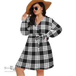 Scottish MacFarlane Black White Clan Tartan Womens V-neck Dress With Waistband Tartan Dress Plus Size
