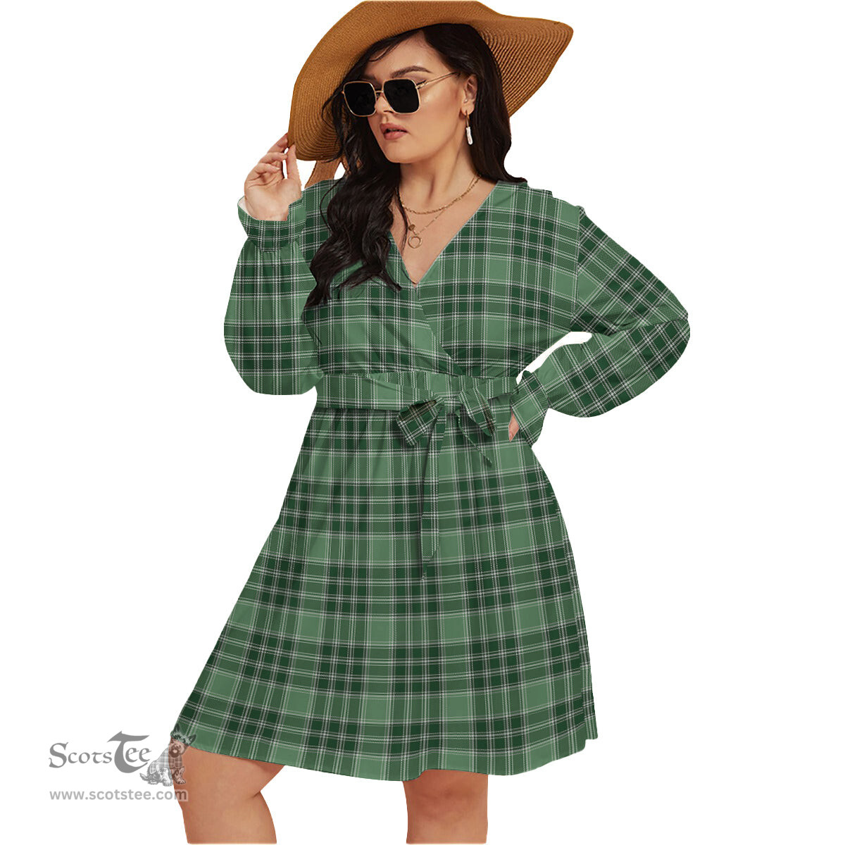 Scottish MacDonald Lord of the Isles Hunting Clan Tartan Womens V-neck Dress With Waistband Tartan Dress Plus Size