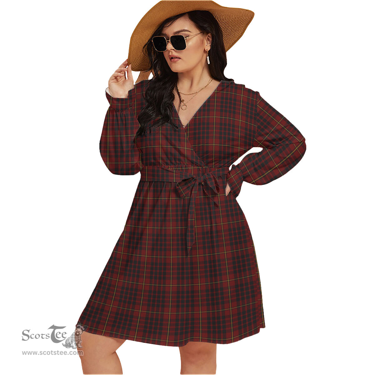 Scottish MacIan Clan Tartan Womens V-neck Dress With Waistband Tartan Dress Plus Size