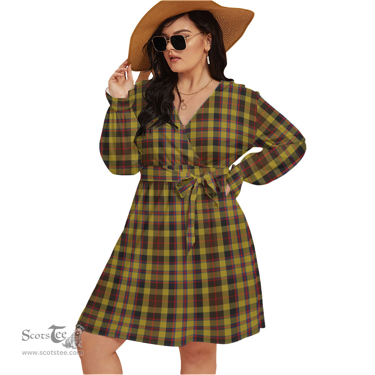 Scottish Jardine Clan Tartan Womens V-neck Dress With Waistband Tartan Dress Plus Size