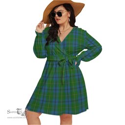 Scottish Johnstone (Johnston) Clan Tartan Womens V-neck Dress With Waistband Tartan Dress Plus Size
