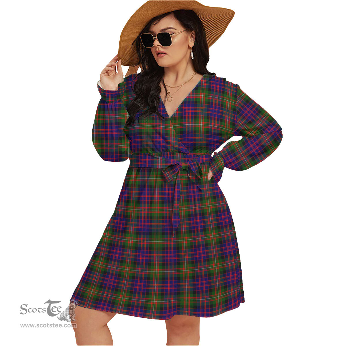 Scottish MacDonell of Glengarry Modern Clan Tartan Womens V-neck Dress With Waistband Tartan Dress Plus Size