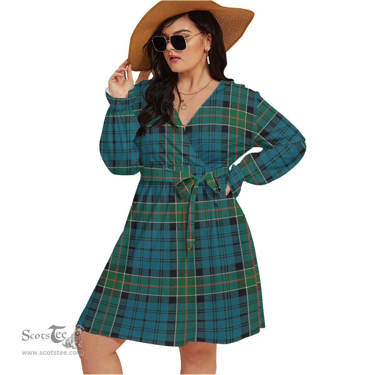 Scottish Kirkpatrick Clan Tartan Womens V-neck Dress With Waistband Tartan Dress Plus Size