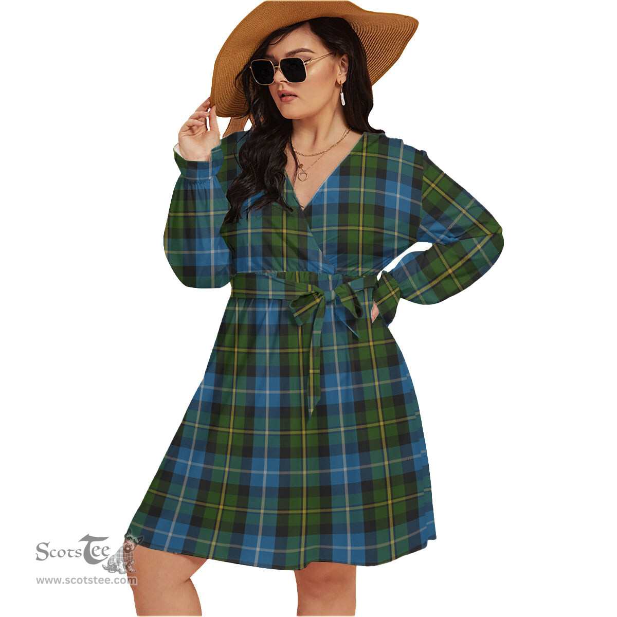 Scottish MacNeil of Barra Clan Tartan Womens V-neck Dress With Waistband Tartan Dress Plus Size