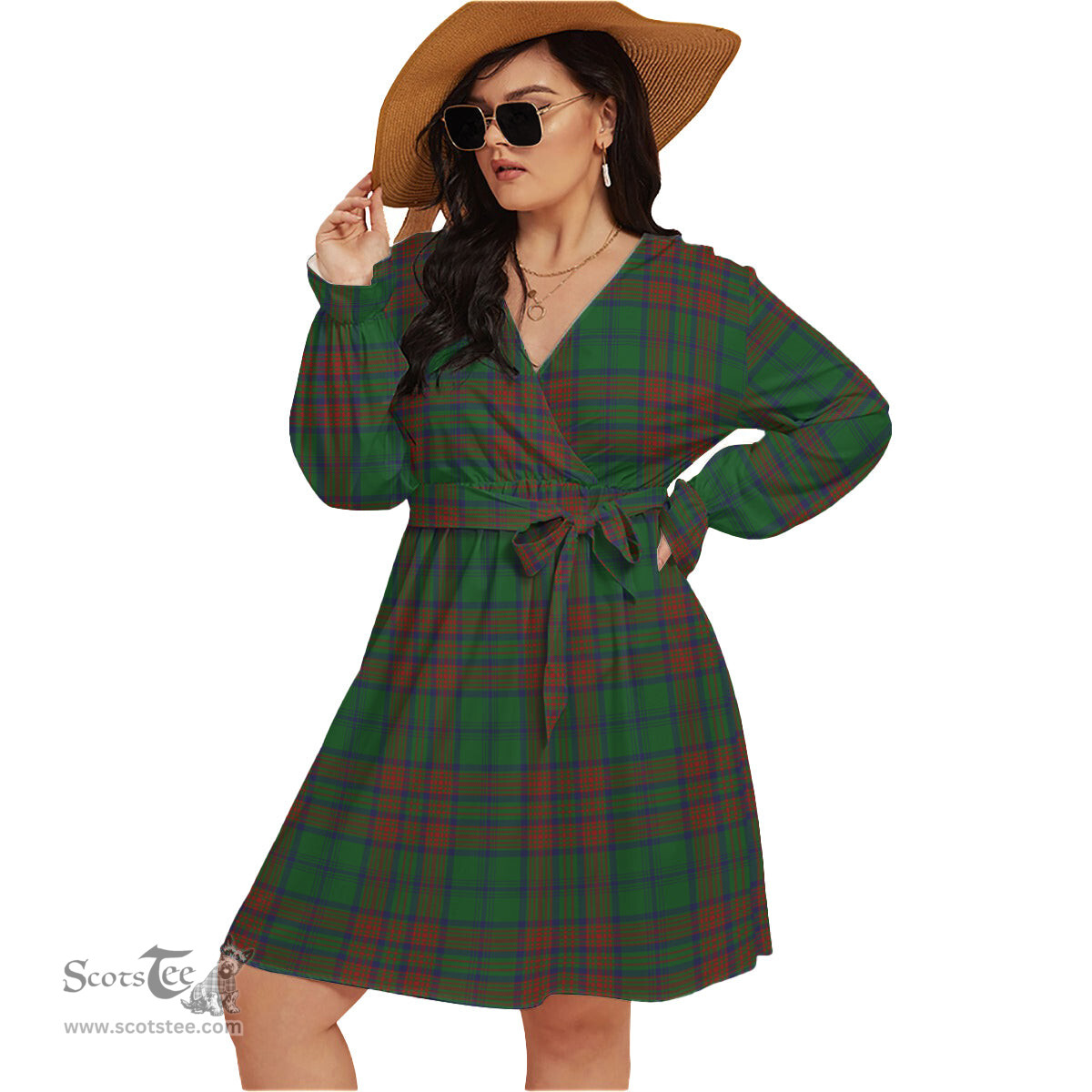 Scottish Matheson Hunting Highland Clan Tartan Womens V-neck Dress With Waistband Tartan Dress Plus Size