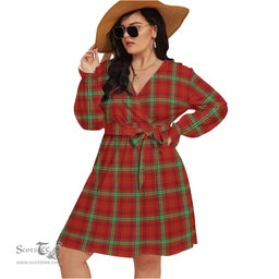 Scottish Morrison Red Modern Clan Tartan Womens V-neck Dress With Waistband Tartan Dress Plus Size