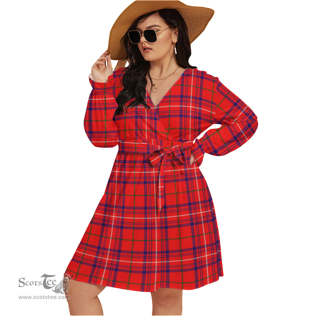 Scottish Rose Modern Clan Tartan Womens V-neck Dress With Waistband Tartan Dress Plus Size