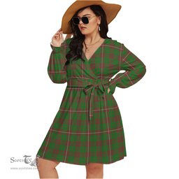 Scottish MacKinnon Hunting Modern Clan Tartan Womens V-neck Dress With Waistband Tartan Dress Plus Size