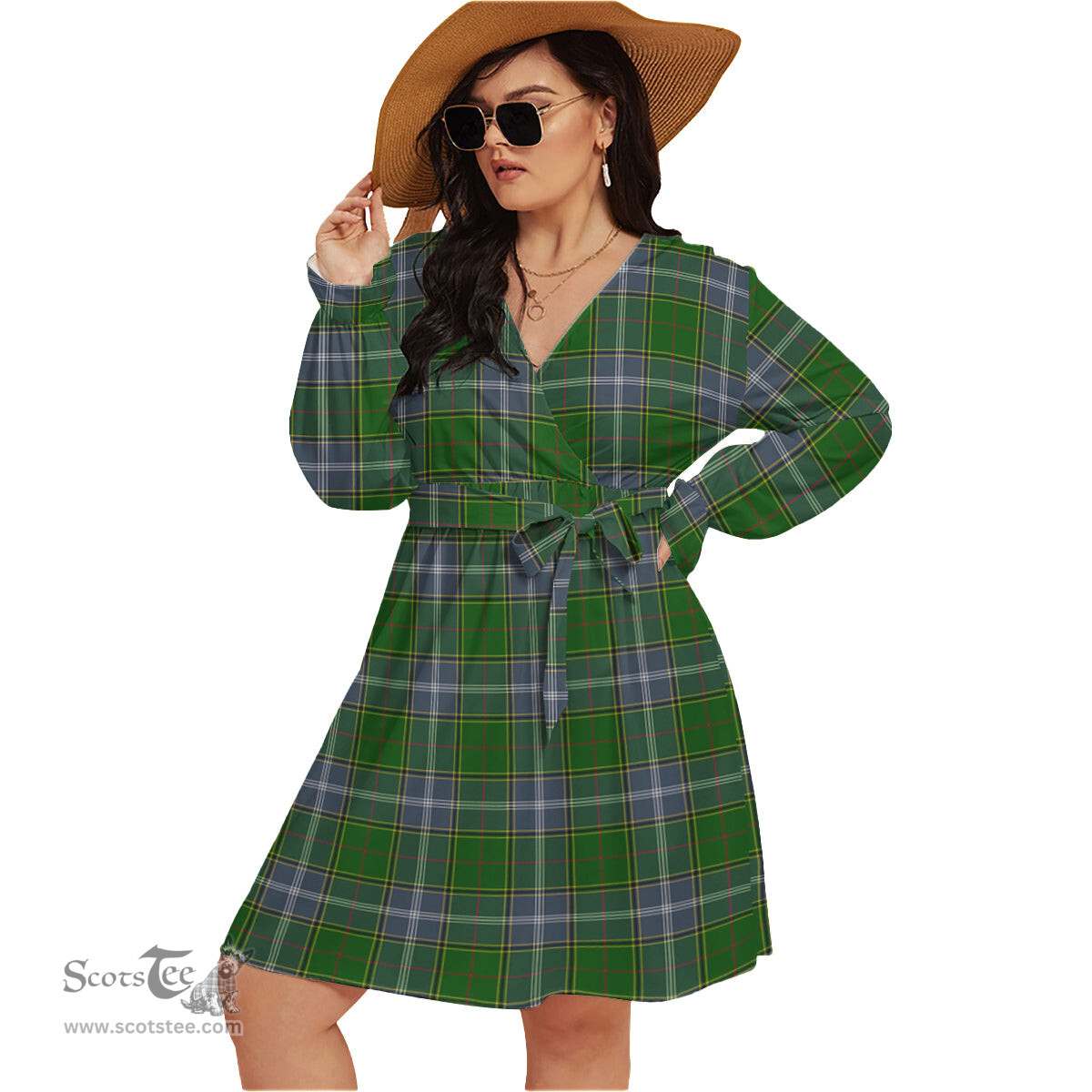 Scottish Pringle Clan Tartan Womens V-neck Dress With Waistband Tartan Dress Plus Size