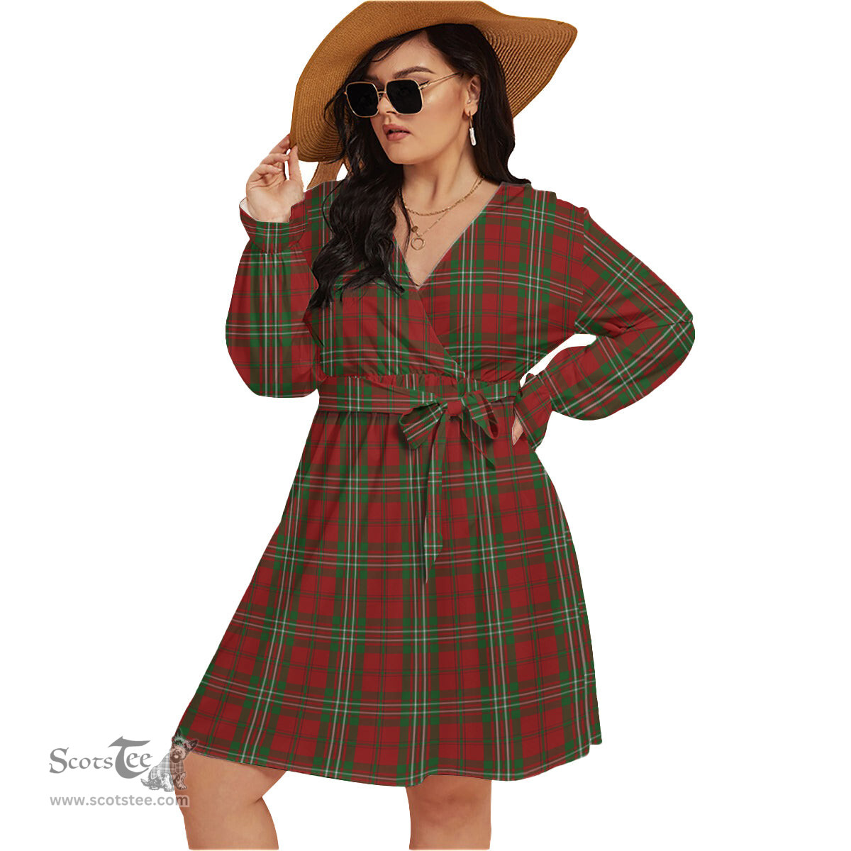 Scottish Scott Clan Tartan Womens V-neck Dress With Waistband Tartan Dress Plus Size