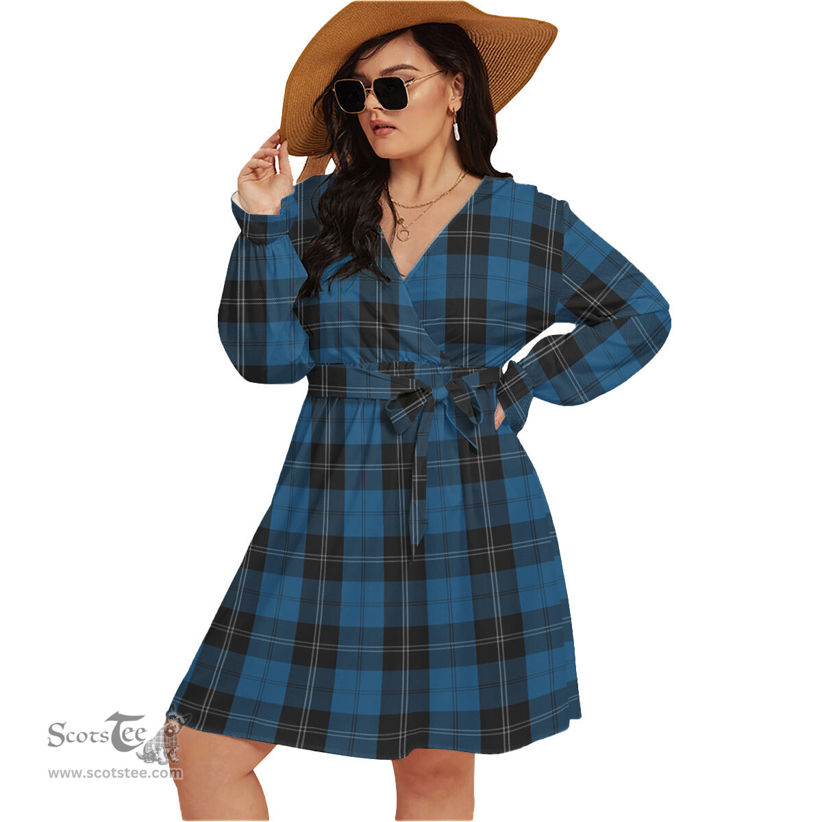 Scottish Ramsay Blue Hunting Clan Tartan Womens V-neck Dress With Waistband Tartan Dress Plus Size