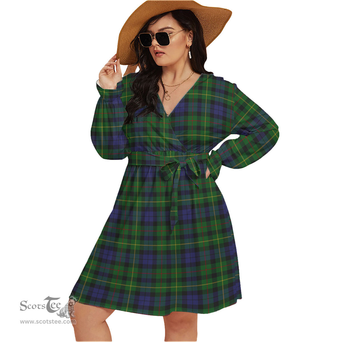 Scottish Rollo Clan Tartan Womens V-neck Dress With Waistband Tartan Dress Plus Size