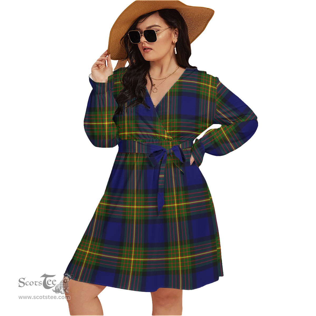 Scottish Muir Clan Tartan Womens V-neck Dress With Waistband Tartan Dress Plus Size