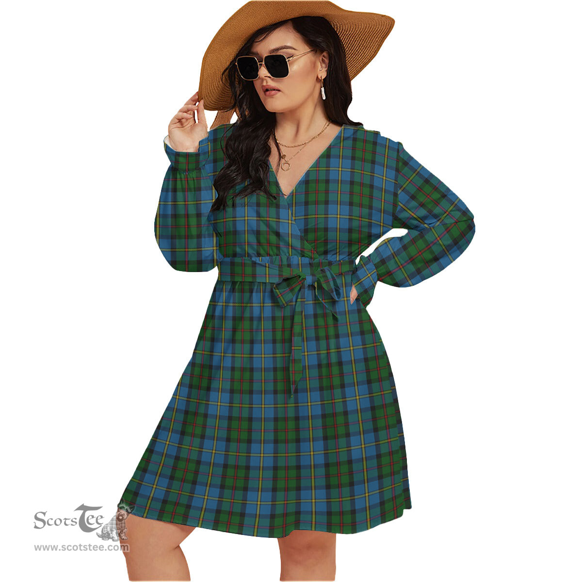 Scottish MacLeod Green Clan Tartan Womens V-neck Dress With Waistband Tartan Dress Plus Size