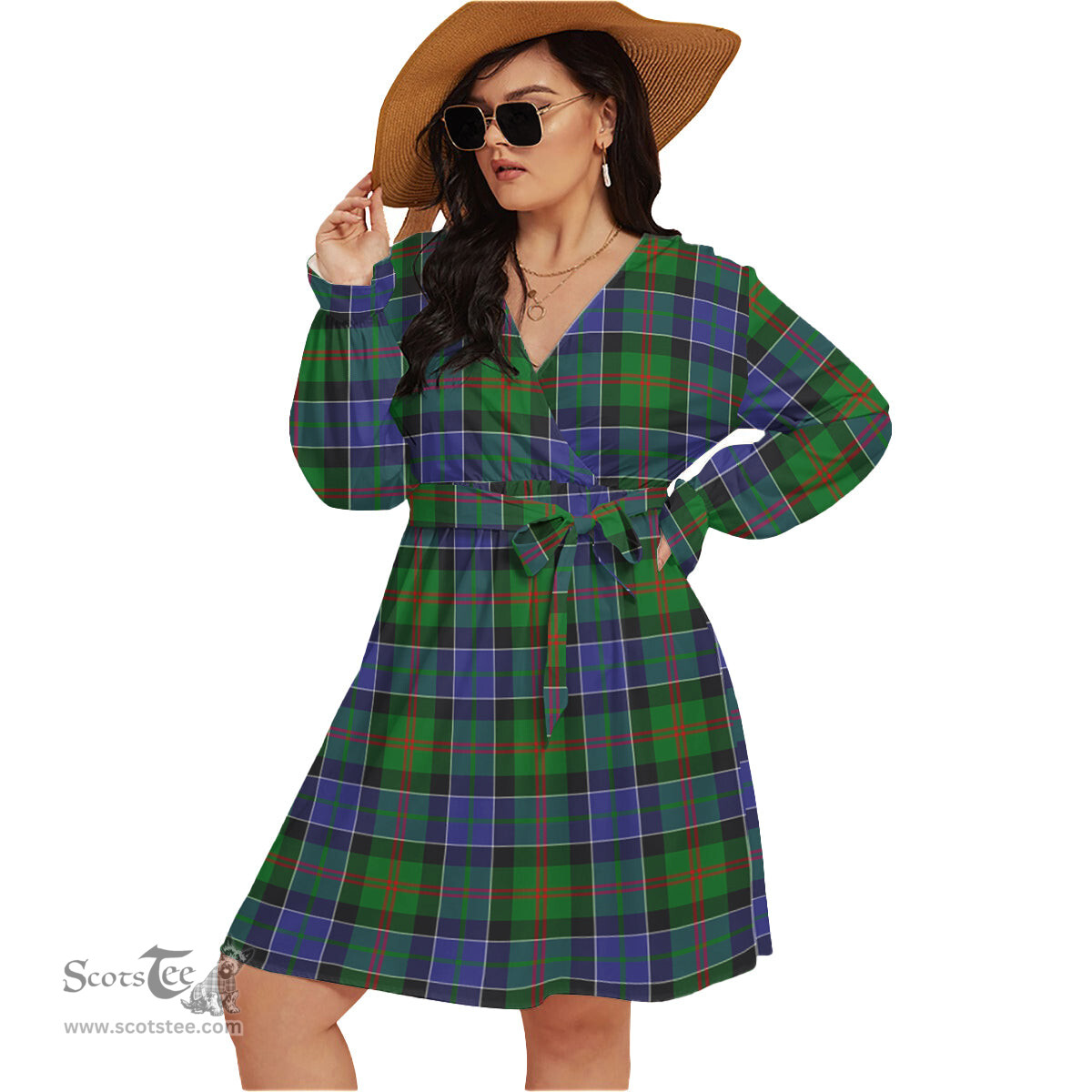 Scottish Paterson Clan Tartan Womens V-neck Dress With Waistband Tartan Dress Plus Size