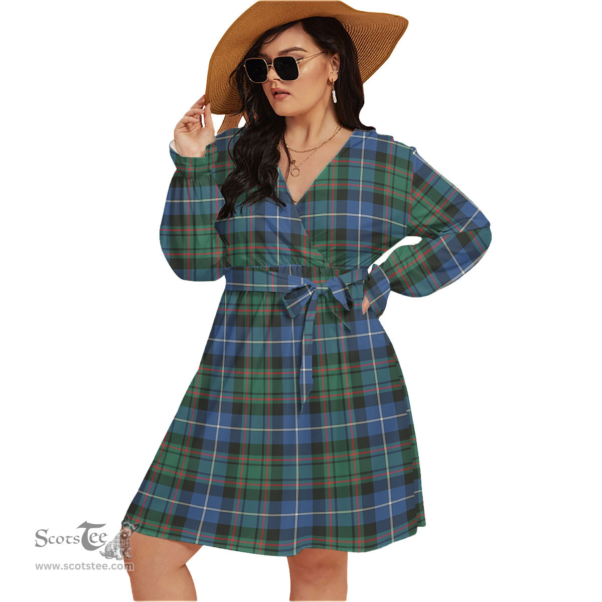 Scottish MacRae Hunting Ancient Clan Tartan Womens V-neck Dress With Waistband Tartan Dress Plus Size