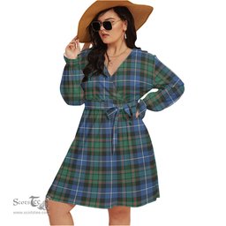 Scottish MacRae Hunting Ancient Clan Tartan Womens V-neck Dress With Waistband Tartan Dress Plus Size