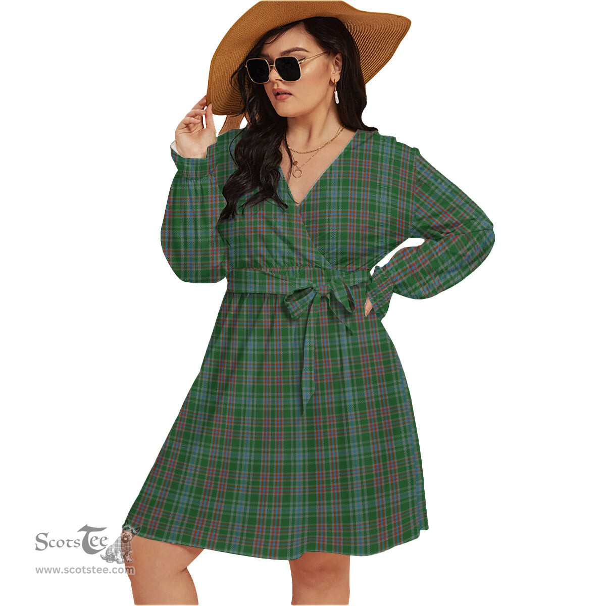 Scottish Ralston USA Clan Tartan Womens V-neck Dress With Waistband Tartan Dress Plus Size