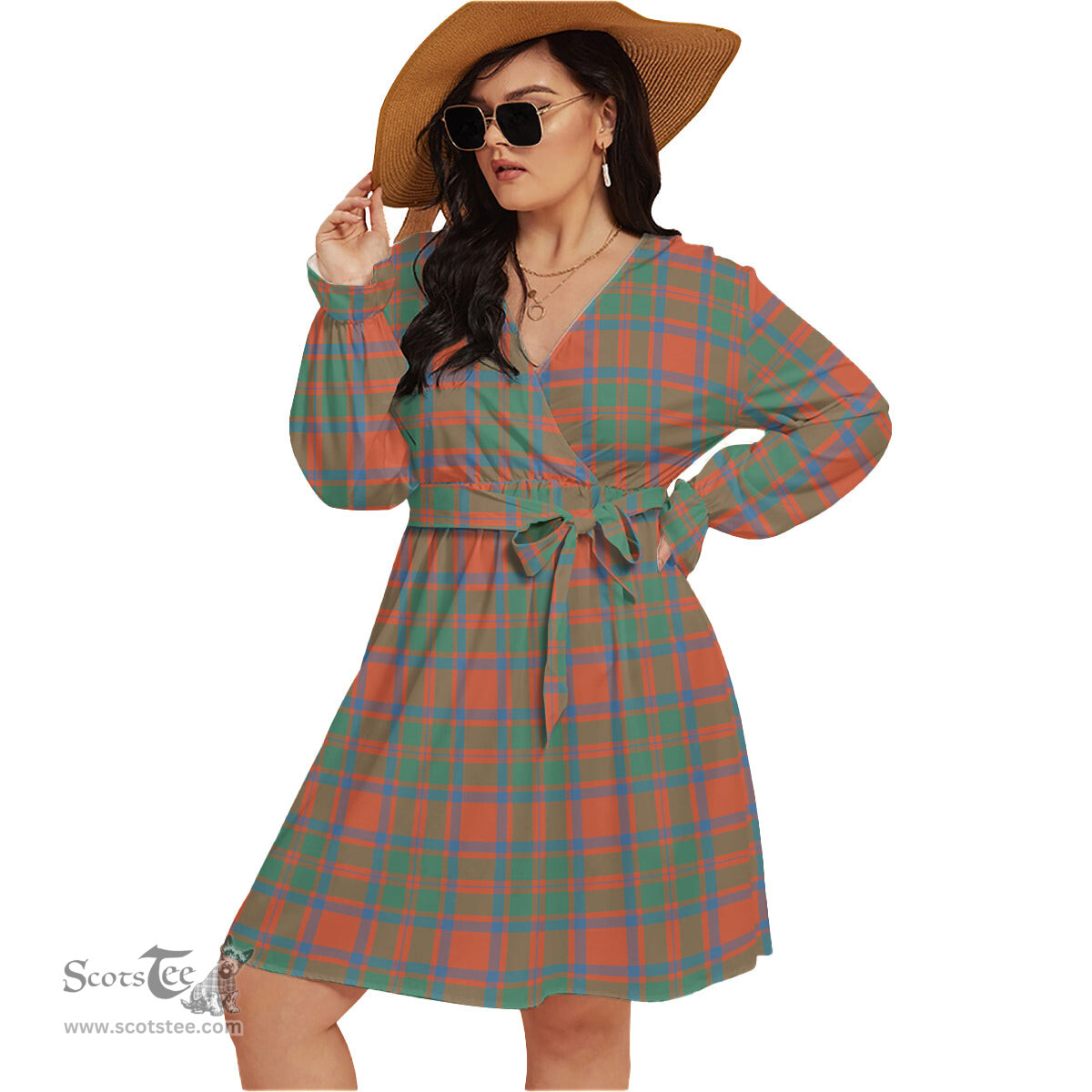 Scottish MacKintosh Ancient Clan Tartan Womens V-neck Dress With Waistband Tartan Dress Plus Size