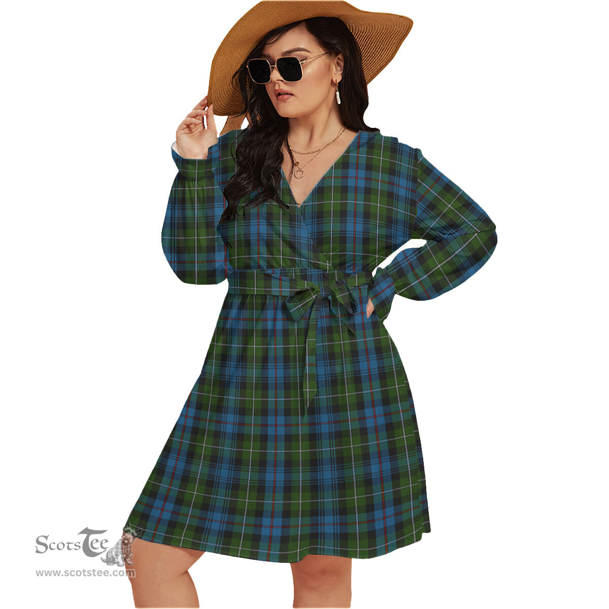 Scottish MacKenzie Clan Tartan Womens V-neck Dress With Waistband Tartan Dress Plus Size
