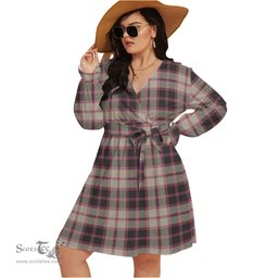 Scottish MacPherson Hunting Ancient Clan Tartan Womens V-neck Dress With Waistband Tartan Dress Plus Size