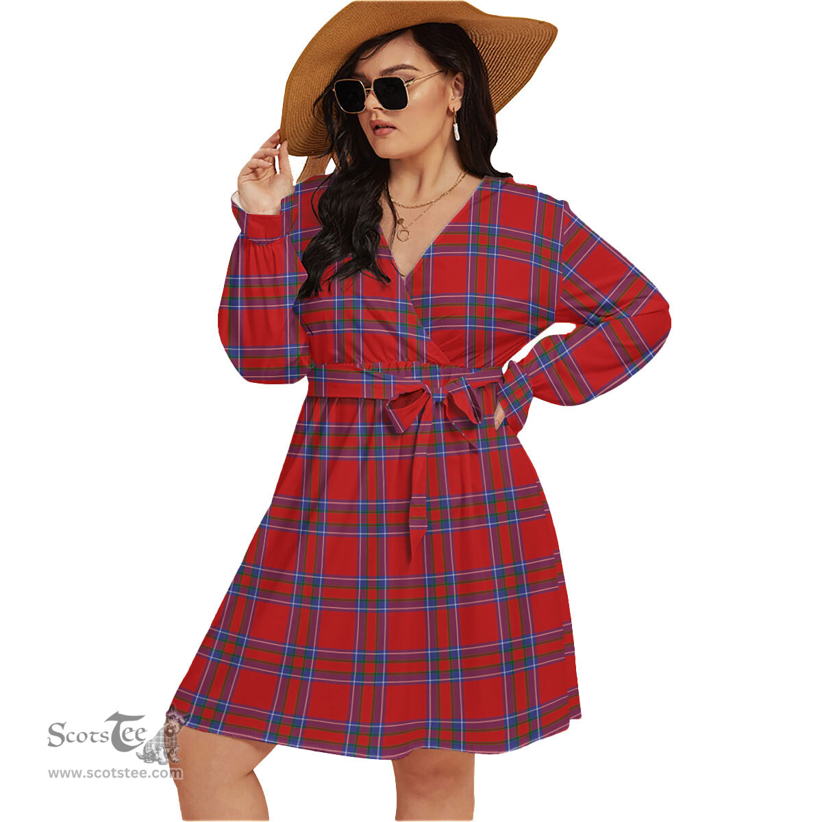 Scottish Rait Clan Tartan Womens V-neck Dress With Waistband Tartan Dress Plus Size