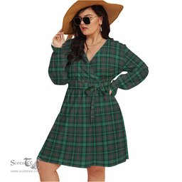 Scottish Ross Hunting Modern Clan Tartan Womens V-neck Dress With Waistband Tartan Dress Plus Size