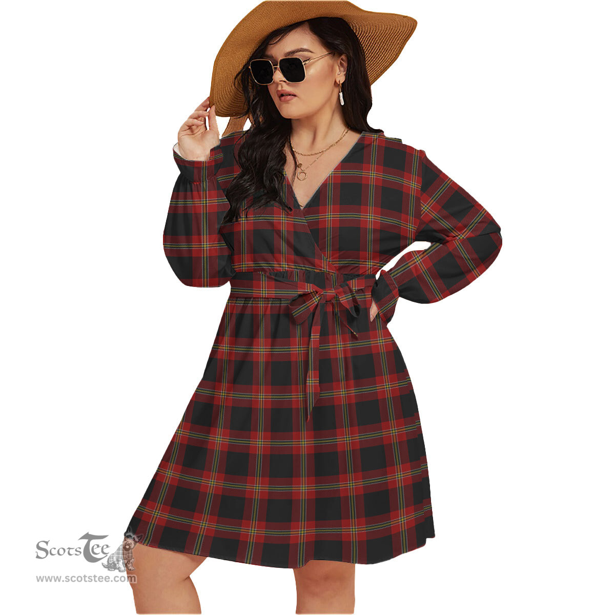 Scottish Perry - Pirrie Clan Tartan Womens V-neck Dress With Waistband Tartan Dress Plus Size