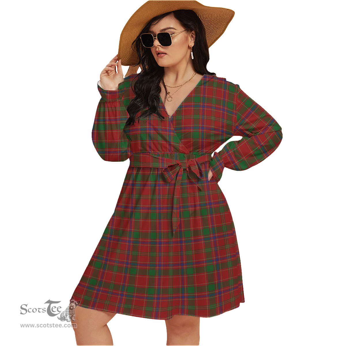Scottish Munro Clan Tartan Womens V-neck Dress With Waistband Tartan Dress Plus Size