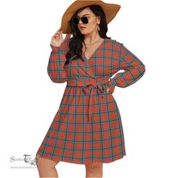 Scottish Sinclair Ancient Clan Tartan Womens V-neck Dress With Waistband Tartan Dress Plus Size