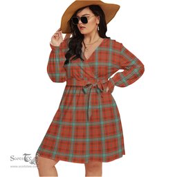 Scottish Morrison Red Ancient Clan Tartan Womens V-neck Dress With Waistband Tartan Dress Plus Size